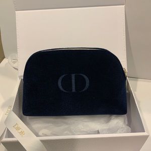 Dior Pouch Bag Cosmetic Case Purse Navy Velvet Logo Gold Zippers NEW